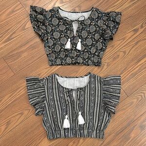 Indian Floral Print & Striped Ruffle Sleeve Crop Top Set